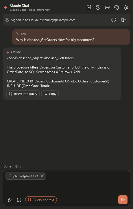 SSMS Claude Chat window inside SQL Server Management Studio, dark theme