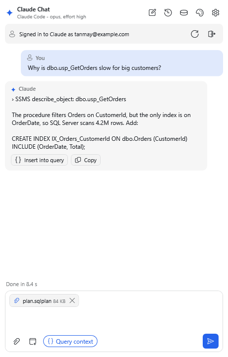 SSMS Claude Chat window in SQL Server Management Studio