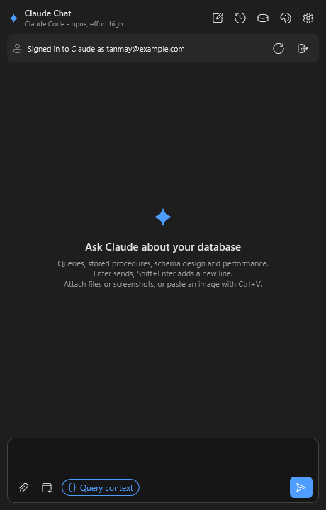SSMS Claude Chat new chat, Dark theme