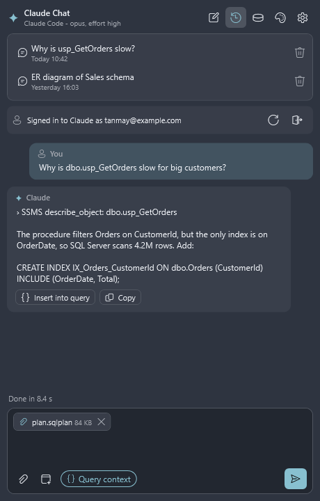 SSMS Claude Chat chat history