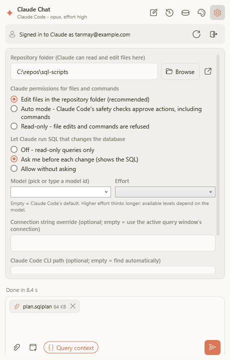 SSMS Claude Chat settings