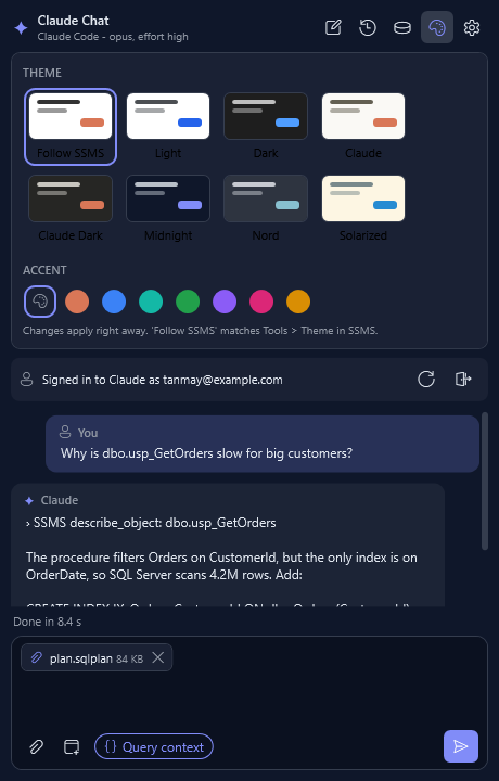 SSMS Claude Chat theme picker, Midnight theme